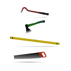 construction tools, axe, ruler, saw, nail puller