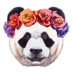 Portrait of Panda with floral head wreath. Hand-drawn illustration, digitally colored.