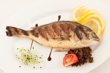 Grilled fish on white plate with herbs and lemon, top view. Mediterranean seafood.