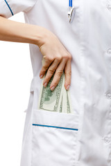 Woman doctor standing on white background