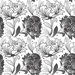 seamless pattern. Tulips. Black-and-white line