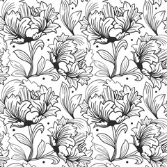 seamless pattern. Tulips. Black-and-white line