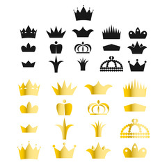 Gold crown clip art vector set. King or queen crowns gradient and black silhouette style icons.