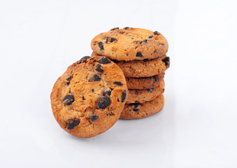 stack cookies with chocolate on white background