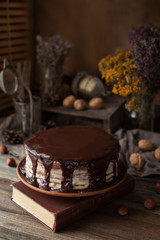 Fototapeta na wymiar Chocolate cake composition with book, herbs and walnuts. Rustic style on vintage wooden table background.