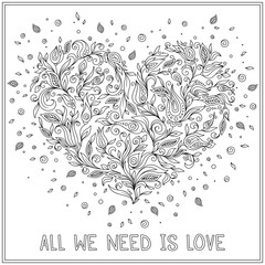 Coloring page flower heart St Valentine's day greeting card