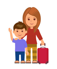 Mother and son with luggage bag. Concept infographics travelers. Isolated characters women and little child with baggage.