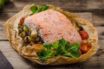 Salmon baked in papillote