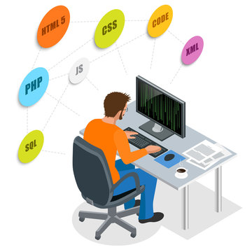 Developer Using Laptop Computer. Web Development concept. Web programming concept. Programming, coding, testing, debugging, analyst, code developer flat 3d isometric vector illustration