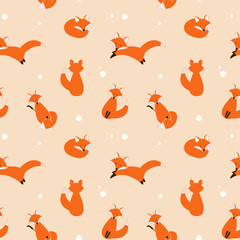 Cute foxes seamless vector pattern. Vector cute cartoon fox cub seamless pattern