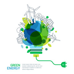 Energy saving concept. Vector illustration of light bulb with outline trees, alternative wind and solar energy generators. Green renewable energy and environmental.  - 104308644