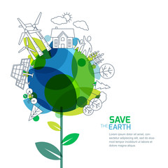Vector illustration of growing plant and earth with outline trees, house, people and alternative energy generators. Green world, environment and ecology concept. Background design for save earth day. 