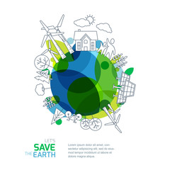 Environmental and ecology vector illustration. Green earth with outline sketch trees, house, wind turbine and solar battery. Background design for save earth day. Nature  and planet protection. 
