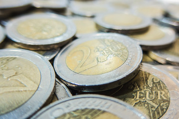 Pile of two euro coins