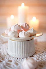 Tea time. Lunch with hot tea and diet dessert white and pink mar