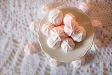 Tea time. Lunch with diet dessert white and pink marshmallows