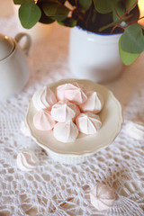 Fototapeta na wymiar Tea time. Lunch with diet dessert white and pink marshmallows