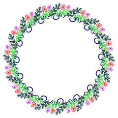 Floral frame. Colorful hand drawn flowers and leaves arranged in a shape of the circle. Vector design.  Series of Cards, Blanks and Forms.