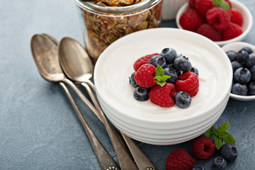 Natural yogurt in a bowl with berries