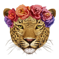 Portrait of Leopard with floral head wreath. Hand drawn illustration, digitally colored.