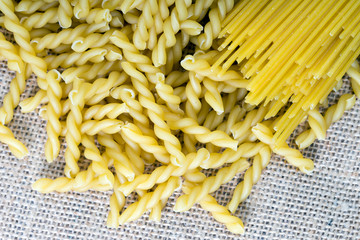 Pasta / Pasta lying on jute fabric