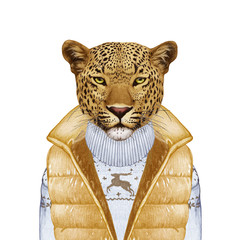 Animals as a human. Portrait of Leopard in down vest and sweater. Hand-drawn illustration, digitally colored.