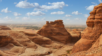 desert landscape mountain panorama , madain saleh , saudi arabia - obrazy, fototapety, plakaty