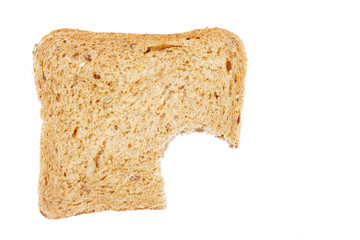 eating a slice of bread isolated on white.
