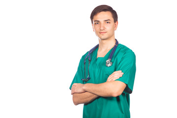 healthcare, profession, people and medicine concept - smiling male doctor in white coat