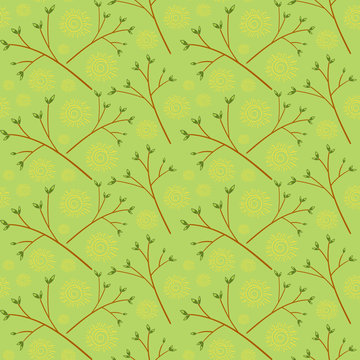 Springtime background with branch with buds. Spring pattern with sunny weather vector seamless.