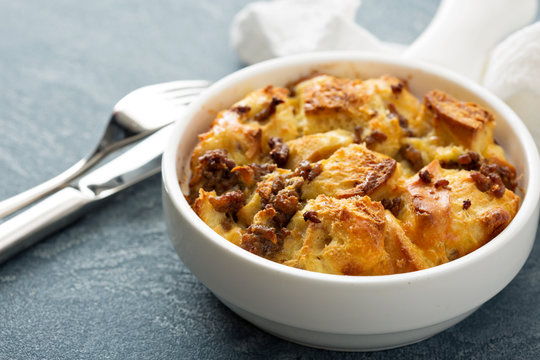 Breakfast strata with cheese and sausage