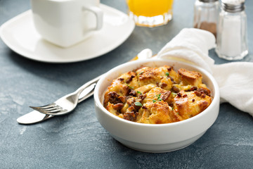 Breakfast strata with cheese and sausage - obrazy, fototapety, plakaty