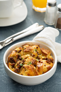 Breakfast strata with cheese and sausage