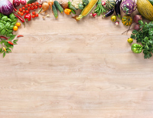 Healthy and Fresh vegetables and fruits on wooden table. Top view with copy space / high-res product, studio photography of different vegetables on old wooden table.