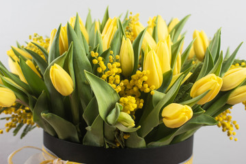 Bright spring bouquet of tulips and mimosa flowers