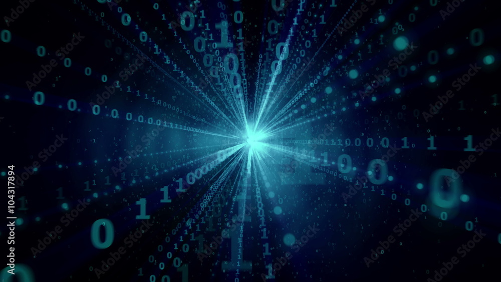 Poster digital information explosion in cyberspace, binary streams flying at the camera, digital radiation 