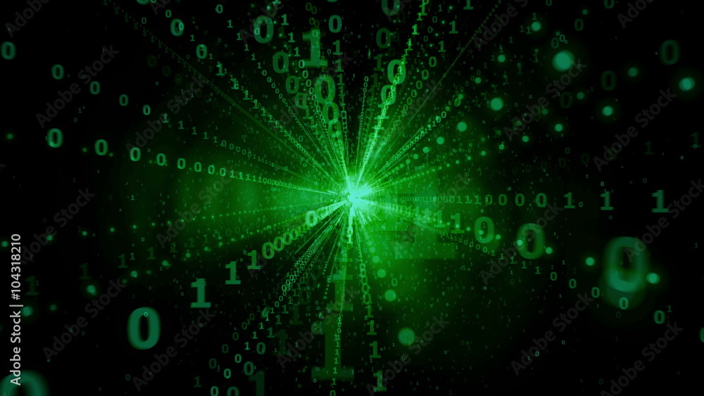 Poster digital information explosion in cyberspace, binary streams flying at the camera, digital radiation 