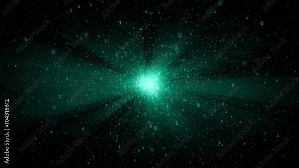 Poster digital binary object star in cyberspace, animated abstract background with numbers and green - blue