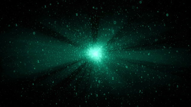 digital binary object star in cyberspace, animated abstract background with numbers and green - blue luminous centre - seamless loop