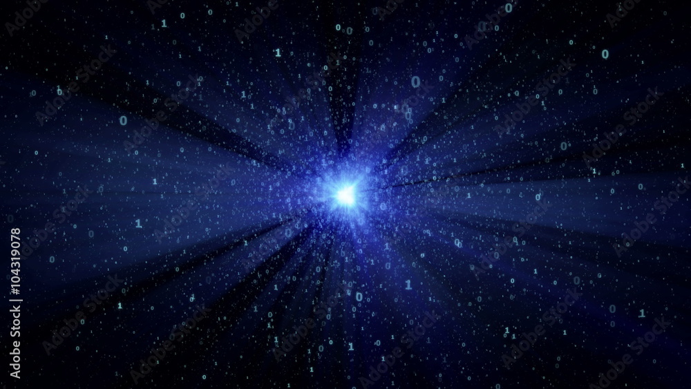 Poster digital binary object star in cyberspace, animated abstract background with numbers and blue luminou