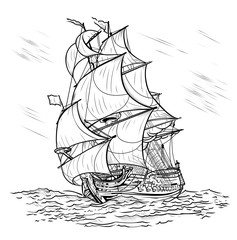 Wind-driven ship on a white background