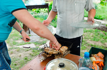 The ready chicken shish kebab is spread on a plate