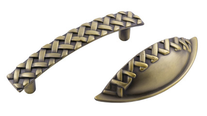 a set of handles for furniture in bronze patterned weaving on a white background