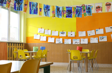 kindergarten class with the yellow chairs and many children's dr