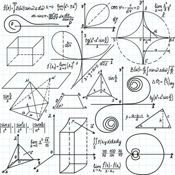 Beautiful vector pattern with mathematical figures and calculations, "handwritten on the copybook paper"
