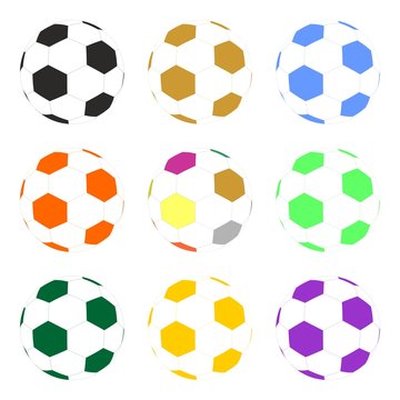 Set of colorful inflated soccer balls in a row and one below the other on a white background
