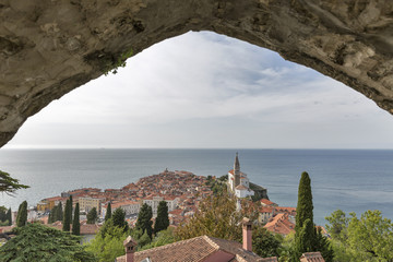 Piran Old Town cityscape, Slovenia. Aerial view.