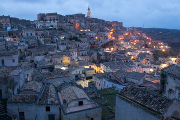 Fototapeta na wymiar UNESCO Matera panoramic view at night, Basilicata, Italy. Sassi di Matera