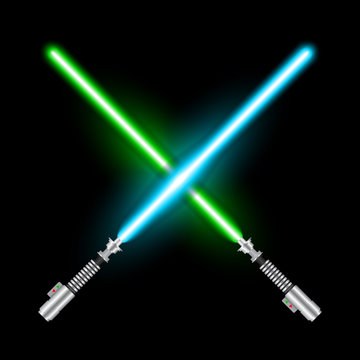 Crossed light swords of Jedi based on the movie Star War. Green and blue swords