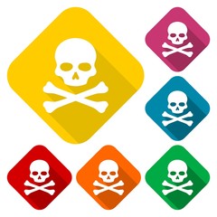 Crossbones and skull icons set with long shadow